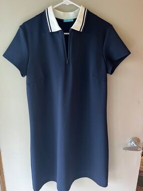 Navy Polo-Style Midi Dress with White Trim